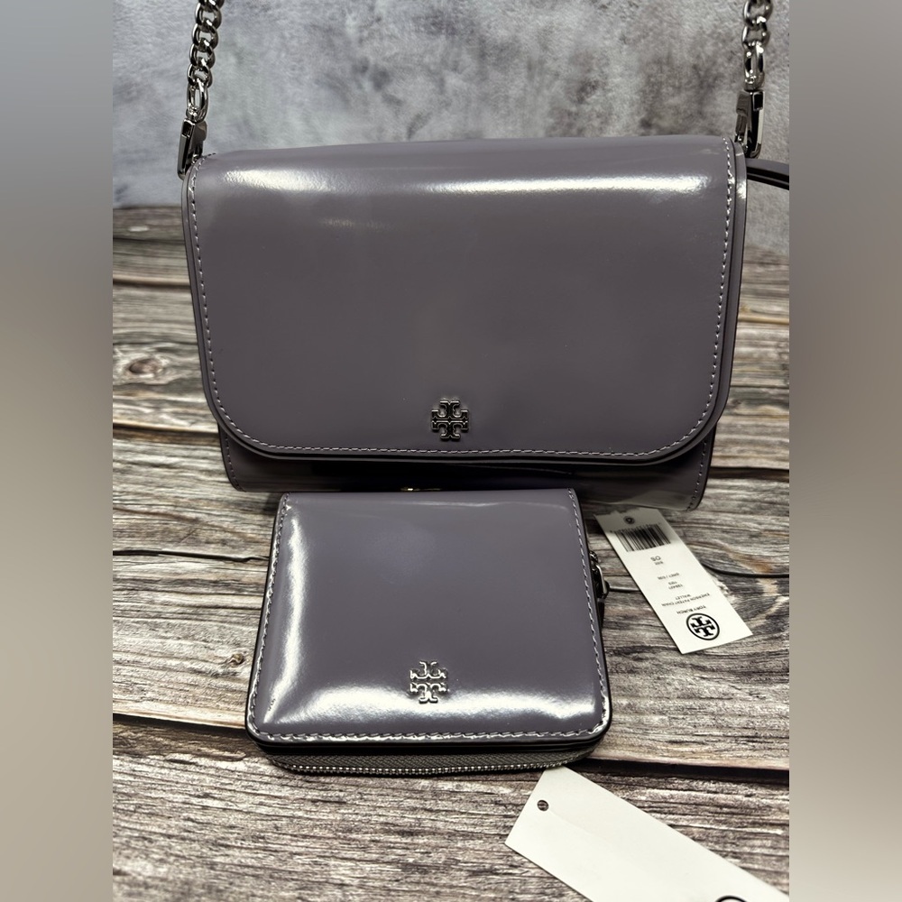 Tory Burch EMERSON PATENT CHAIN WALLET & MINI WALLET GREY NWT​